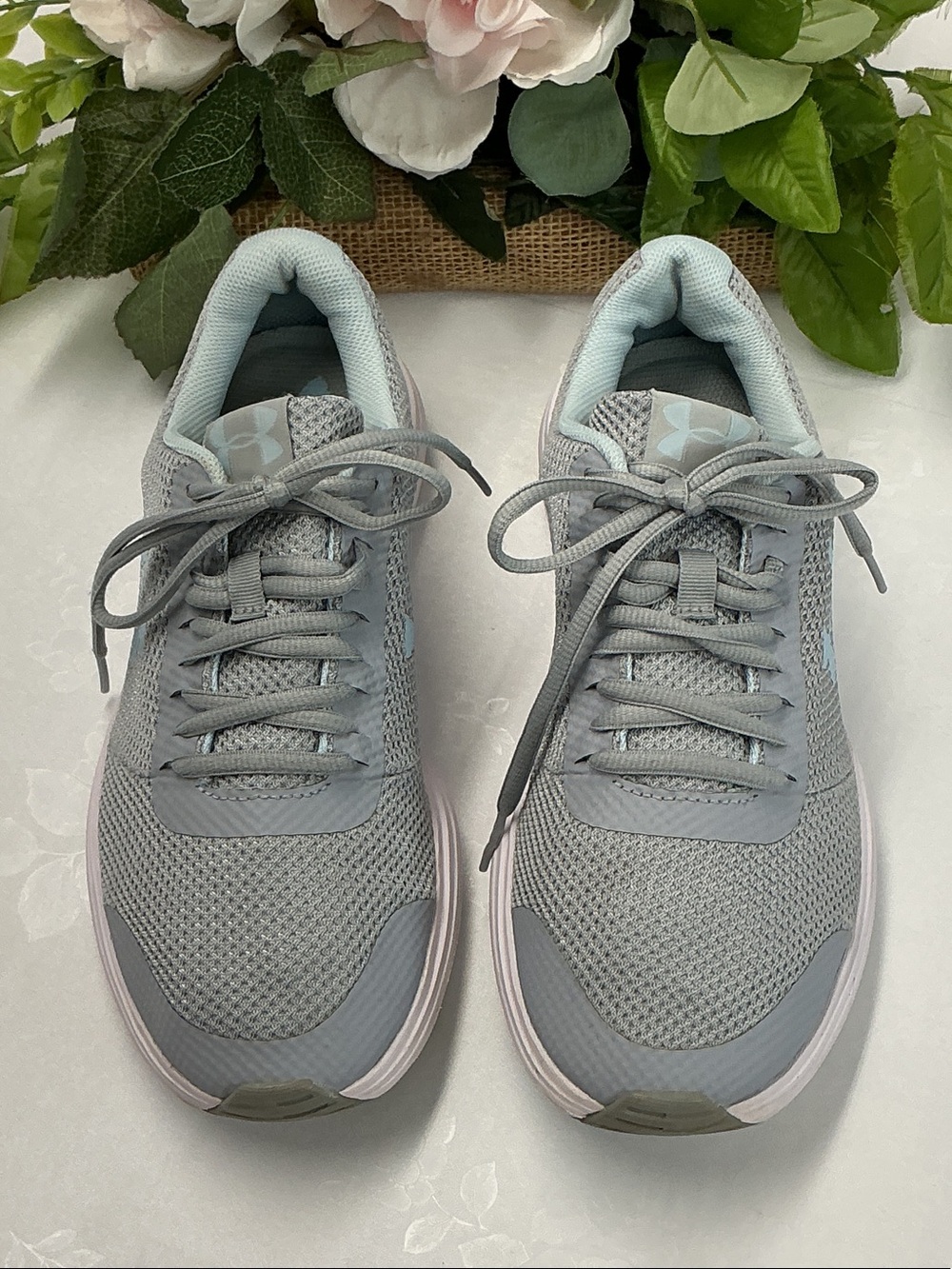 Under Armour Women's Light Gray and Pale Blue Mesh Athletic Sneakers